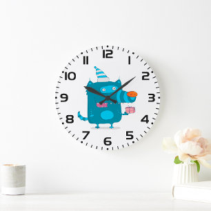 Speelse Blauwe Cartoon Monster met Feesthoed Grote Klok
