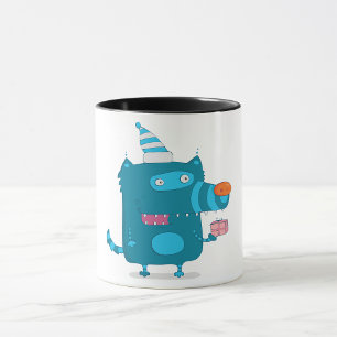 Speelse Blauwe Cartoon Monster met Feesthoed Mok