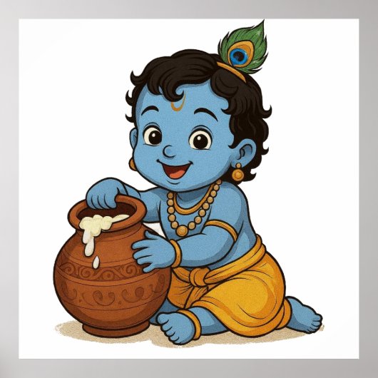 Speelse Blauwe Gele Baby Krishna Kunst Design Poster (Voorkant)