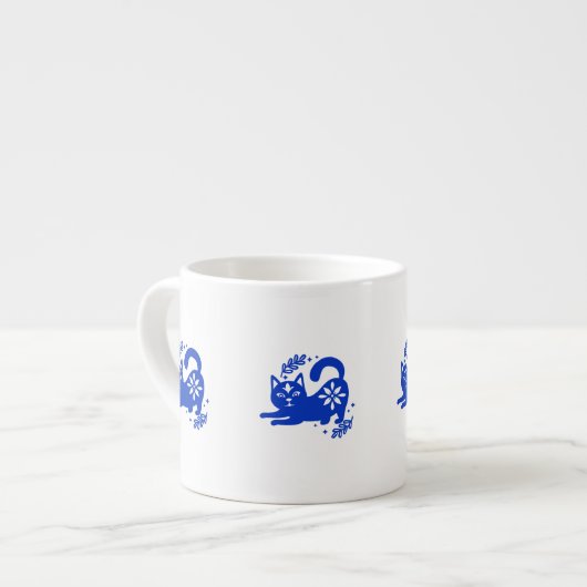 Speelse Blauwe Kat Espressokop – CozyBun Espresso Kop (Voorkant links)