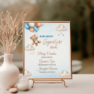 Speelse Blauwe Teddy Ballon Baby Shower Bar Menu Poster
