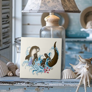 Speelse Blauwe Whimsical Rivierotter Spat Schattig Tegeltje