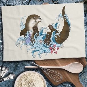 Speelse Blauwe Whimsical Rivierotter Spat Schattig Theedoek