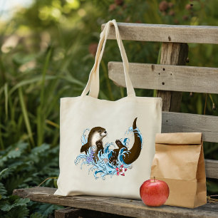 Speelse Blauwe Whimsical Rivierotter Spat Schattig Tote Bag