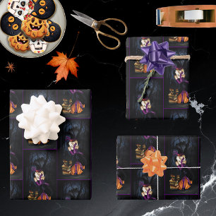 Speelse Blonde Heks Pompoen Paarse Fantasie Inpakpapier Vel