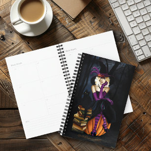 Speelse Blonde Heks Pompoen Paarse Fantasie Planner