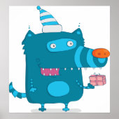 Speelse Blue Cartoon Monster met Party Pet Poster (Voorkant)