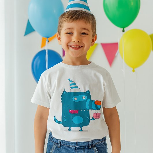 Speelse Blue Cartoon Monster met Party Pet T-shirt