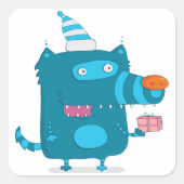 Speelse Blue Cartoon Monster met Party Pet Vierkante Sticker (Voorkant)