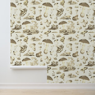 Speelse Bospaddenstoelen Kikkers Beige Wit Behang