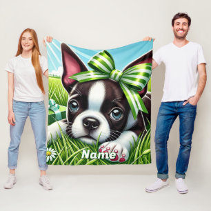 Speelse Boston Terrier Puppy met groene boog Fleece Deken