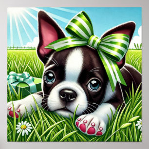 Speelse Boston Terrier Puppy met groene boog Poster