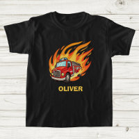 Speelse brandweerwagen omringd door vlammen