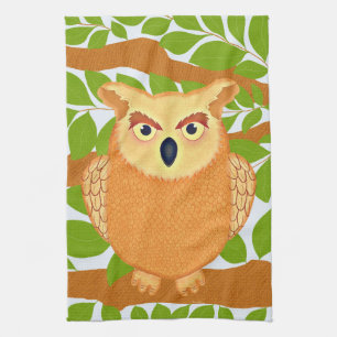 Speelse Bruine Uil Vogel Woodland Illustratie Theedoek