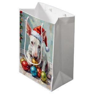 Speelse Bull Terrier-hond die Kerstmis bewaakt Medium Cadeauzakje