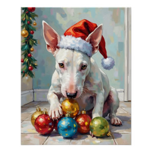 Speelse Bull Terrier-hond die Kerstmis bewaakt Perfect Poster