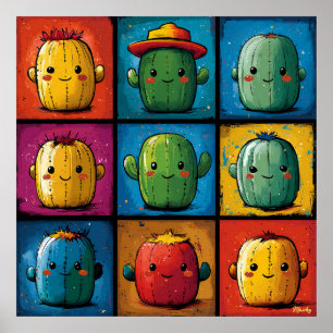 Speelse Cactus Karakter Rooster voor Kinderkamer D Poster