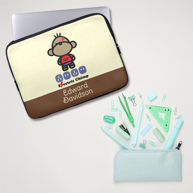 Speelse Cartoon Electric Monkey Custom Naam Laptop Sleeve (Creator heeft geüpload)