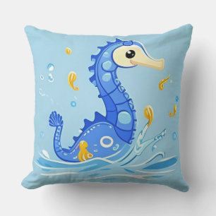Speelse Cartoon Zeepaardje in Blauwe Wateren Kussen