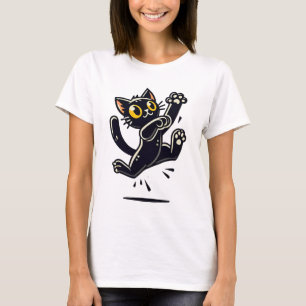 Speelse Cartoon Zwart Kat Springend T-shirt