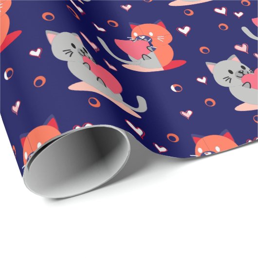Speelse Cat Wrapping Paper – Navy Blue Hearts Cadeaupapier (Rol Hoek)