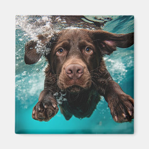 Speelse chocolade labrador zwemt onder water magneet