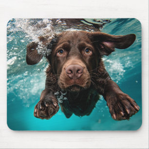 Speelse chocolade labrador zwemt onder water muismat