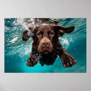 Speelse chocolade labrador zwemt onder water poster