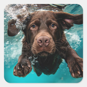 Speelse chocolade labrador zwemt onder water vierkante sticker