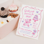 Speelse Coquette Teddybeer Roze Handgetekend Kaart