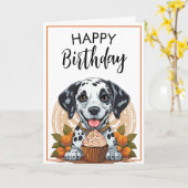 Speelse Dalmatische Hond met Cupcake Verjaardag Kaart (Gele Bloem)