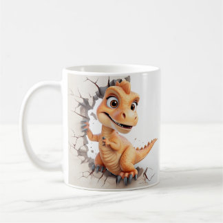 Speelse dinosaurus breekt door beige muurscheur koffiemok