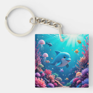 Speelse dolfijn en kleurrijk zeeleven sleutelhanger