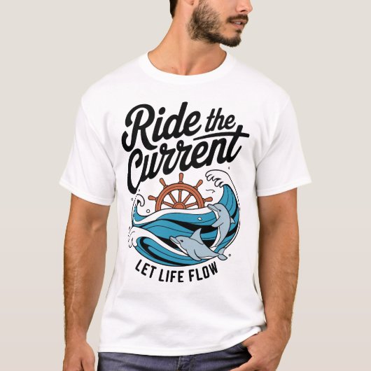 Speelse Dolfijnen Surfen Ocean Wave & Ship Wheel T-shirt (Voorkant)