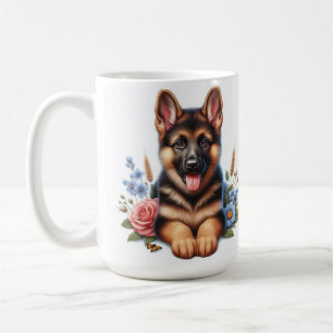 Speelse Duitse Herder Puppy met bloemen Koffiemok