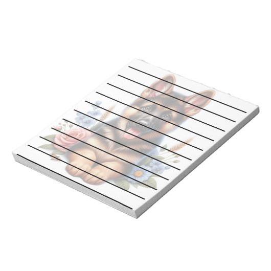 Speelse Duitse Herder Puppy met bloemen Notitieblok (Gedraaid)