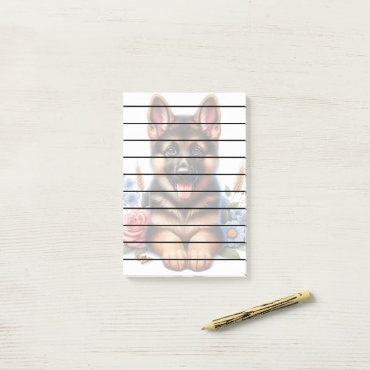 Speelse Duitse Herder Puppy met bloemen Post-it® Notes (Op bureau)