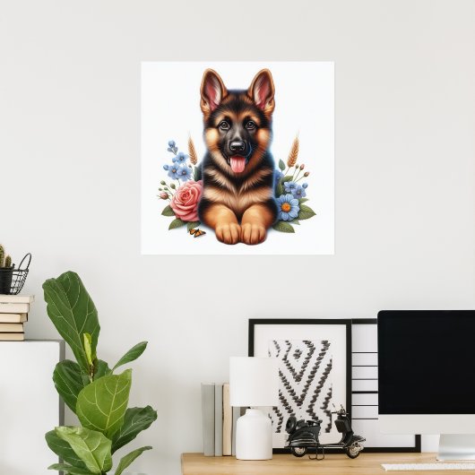 Speelse Duitse Herder Puppy met bloemen Poster (Thuiskantoor)