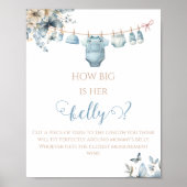 Speelse Dusty Blue Baby Belly Guessing Game Floral Poster (Voorkant)