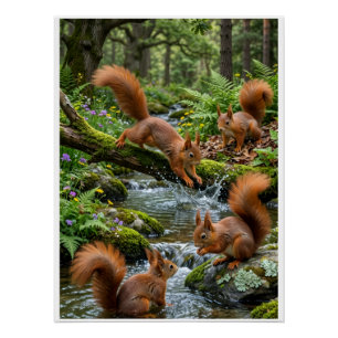 Speelse Eekhoorns Bos Rivier Bosrijke Natuur Vloo Perfect Poster