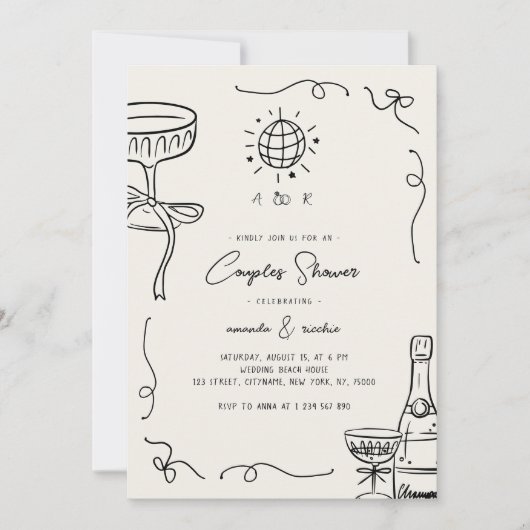 Speelse Franse Fun Handgetekende Koppels Bruisfees Kaart (Voorkant)