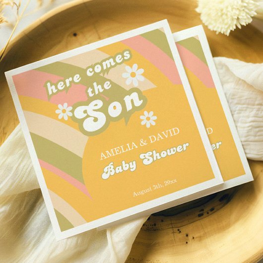 Speelse gele Retro Boy Douche Daisy Party Servet