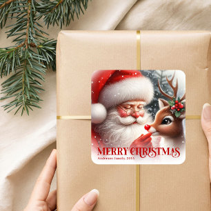 Speelse Gepersonaliseerde Kerstman en Rudolph Kers Vierkante Sticker