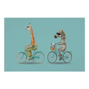 Speelse Giraffe en Zebra Fietsen Poster Perfect Poster
