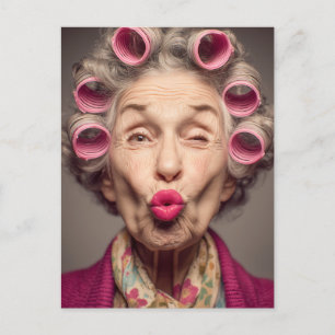Speelse glamour in roze rollers briefkaart
