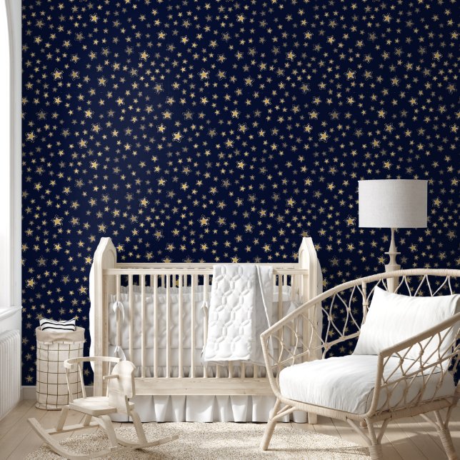 Speelse Gouden Sterren Midnight Sky Behang (Kinderen)
