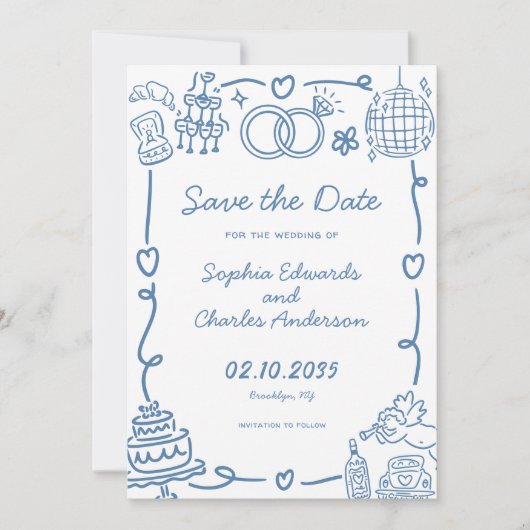 Speelse grillige hand getrokken illustratie bruilo save the date (Voorkant)