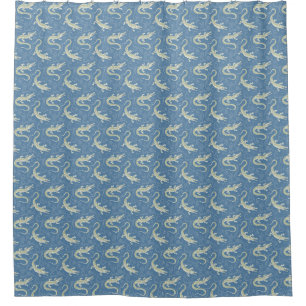 Speelse Groene Alligator Paisley op Blauw Douchegordijn