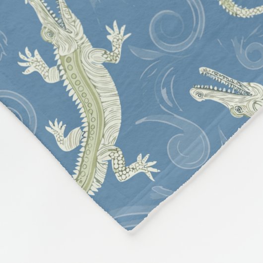 Speelse Groene Alligator Paisley op Blauw Fleece Deken (Hoek)