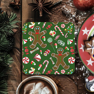 Speelse groene feestelijke gemberkoek snoeppatroon vierkante kartonnen onderzetter